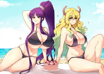 2girls absurdres ayanobro bikini birthday_cake blonde_hair blush breasts cake eiken food highres horns huge_breasts kobayashi-san_chi_no_maidragon long_hair lucoa_(maidragon) misono_kirika multicolored_hair multiple_girls ponytail purple_hair strawberry_cake swimsuit thighs