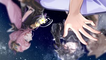 3girls animal_ears black_gloves black_shrug blue_eyes brown_hair cat_ears cat_girl chinese_commentary commentary_request dress elysia_(honkai_impact) elysia_(miss_pink_elf)_(honkai_impact) fu_hua fu_hua_(shadow_knight) gloves grey_hair highres honkai_(series) honkai_impact_3rd long_hair multiple_girls pardofelis pink_hair procreate_(medium) reflection reflective_liquid seawave02974 shrug_(clothing) smile very_long_hair white_dress