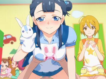 1boy 4girls ahoge animated animated_gif baby blonde_hair blue_eyes blue_hair blush censored clapping closed_mouth clothed_sex cowgirl_position female_pubic_hair girl_on_top hair_between_eyes hair_bun hand_puppet hetero hugtto!_precure indoors kagayaki_homare long_hair looking_at_viewer mosaic_censoring multiple_girls mushiro_(nijie728995) nono_hana penis pov precure pubic_hair puppet sex short_hair short_sleeves single_hair_bun straddling vaginal yakushiji_saaya yellow_eyes