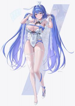 Rule 34 | 1girl, absurdres, alternate costume, animal ears, arcana (nikke), blue eyes, blue ribbon, blush, bow, bowtie, breasts, cleavage, commentary request, covered navel, detached collar, fake animal ears, full body, goddess of victory: nikke, groin, hair ornament, highres, holding own hair, idasu (hyun9164), large breasts, leotard, looking at viewer, parted lips, rabbit ears, rabbit girl, ribbon, solo, standing, thighhighs, white leotard, white thighhighs, wrist cuffs, zipper leotard
