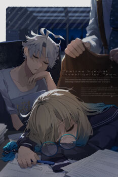 1girl 2boys absurdres ahoge black_bow black_sailor_collar blonde_hair blue-framed_eyewear blue_necktie bow ceiling_light closed_eyes collarbone fate/grand_order fate_(series) grey_hair hand_on_own_face head_on_table highres holding holding_pen james_moriarty_(archer)_(fate) james_moriarty_(chaldea_special_investigation_unit)_(fate) james_moriarty_(ruler)_(fate) multicolored_hair multiple_boys necktie nemo_(fate) paper_stack pen professor_nemo_(fate) round_eyewear sailor_collar shirt sleeping streaked_hair suspenders tia_(cocorosso) white_shirt window