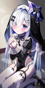 1girl absurdres alternate_costume amane_kanata angel angel_wings black_dress black_headdress black_nails black_shoes blue_hair commentary_request cross_hair_ornament dress grey_hair hair_intakes hair_ornament halo halterneck high_heels highres hololive hosimiya_yume long_hair looking_at_viewer nail_polish nun nun_headdress own_hands_together purple_eyes shoes smile solo star_halo thighhighs very_long_hair virtual_youtuber white_thighhighs wings