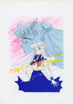 1990s_(style) absurdres artbook bishoujo_senshi_sailor_moon blue_eyes blue_sailor_collar blue_skirt closed_mouth crescent crescent_facial_mark double_bun dual_persona facial_mark gun hair_bun hand_up highres holding holding_gun holding_weapon incredibly_absurdres long_hair mask official_alternate_design official_alternate_hair_color official_art pale_skin retro_artstyle sailor_collar sailor_moon sailor_moon_(prototype) scan school_uniform skirt smile split_mouth takeuchi_naoko tsukino_usagi wavy_hair weapon weapon_request white_hair