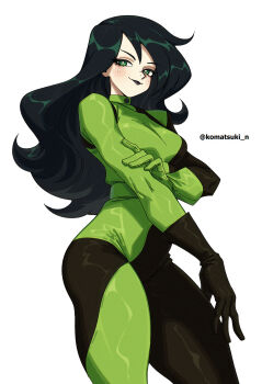 Rule 34 | 1girl, absurdres, artist name, asymmetrical gloves, black bodysuit, black gloves, black hair, black lips, bodysuit, breasts, gloves, green bodysuit, green eyes, green gloves, highres, kim possible (series), komatsuki n, large breasts, long hair, looking at viewer, mismatched gloves, multicolored bodysuit, shego, smile, thick thighs, thighs, two-tone bodysuit