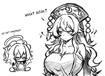 2girls arianne20131 breasts chibi cleavage glasses halo junko_(touhou) large_breasts long_hair maid maid_headdress messy_hair multiple_girls original shrugging touhou towel wavy_hair