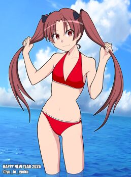 1girl 2026 :3 artist_request beach bikini bow breasts brown_eyes brown_hair curvy dated day girls_und_panzer gradient_background hair_bow happy_new_year highres kadotani_anzu looking_at_viewer navel new_year red_bikini simple_background small_breasts smile swimsuit thong thong_bikini twintails water wide_hips