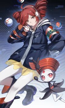 1girl ahoge arm_behind_back black_bag black_boots black_jacket boots breast_pocket closed_mouth drill_hair expressionless flat_chest gen_5_pokemon hand_up hashtag-only_commentary headphones highres jacket kanvien kasane_teto kneehighs leg_up legendary_pokemon long_sleeves looking_at_viewer lure_ball meloetta meloetta_(pirouette) mythical_pokemon nintendo open_clothes open_jacket pantyhose pocket poke_ball pokemon pokemon_(creature) premier_ball project_voltage red_hair rival_teto_(project_voltage) shirt skirt socks solo standing standing_on_one_leg symbol-shaped_pupils triangle-shaped_pupils twin_drills utau vocaloid white_pantyhose white_shirt yellow_skirt