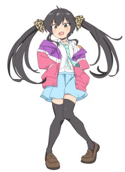 1girl 4uys :d aqua_necktie black_hair black_thighhighs blue_skirt blush_stickers brown_shoes collarbone collared_shirt commentary_request double-parted_bangs full_body hands_in_pockets highres idolmaster idolmaster_cinderella_girls idolmaster_cinderella_girls_u149 jacket knees_together_feet_apart loafers long_hair looking_at_viewer matoba_risa miniskirt multicolored_jacket necktie open_mouth pink_jacket pleated_skirt purple_jacket school_uniform shirt shoes sidelocks simple_background skirt smile solo standing thighhighs twintails white_background white_shirt yellow_eyes zettai_ryouiki