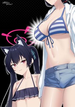 2girls 3legsf :i animal_ear_fluff animal_ears ayane_(blue_archive) ayane_(swimsuit)_(blue_archive) bikini black_bikini blue_archive breast_envy breast_focus breasts cat_ears cleavage commentary denim denim_shorts english_commentary extra_ears frilled_bikini frills front-tie_bikini_top front-tie_top halo highres jacket large_breasts long_hair looking_at_another looking_at_breasts multiple_girls navel off-shoulder_bikini off_shoulder official_alternate_costume open_clothes open_jacket pink_halo serika_(blue_archive) serika_(swimsuit)_(blue_archive) shorts small_breasts striped_bikini striped_clothes swimsuit tsurime twintails unamused v-shaped_eyebrows