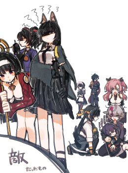 3boys 6+girls animal_ears asaba_harumasa astra_yao belle_(zenless_zone_zero) bleeding blood blood_from_forehead bow_(weapon) breasts brother_and_sister cleavage closed_eyes crossed_arms ellen_joe fins fish_tail fox_ears fox_girl highres holding holding_bow_(weapon) holding_staff holding_sword holding_weapon hoshimi_miyabi katana lighter_(zenless_zone_zero) maid maid_headdress multiple_boys multiple_girls nandaka_0103 nicole_demara shark_girl shark_tail siblings staff sword tail translation_request weapon wise_(zenless_zone_zero) zenless_zone_zero zhu_yuan