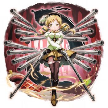 1girl artist_request beret black_boots black_corset black_gloves black_hat blonde_hair boots border bow bowtie brown_thighhighs charlotte_(madoka_magica) closed_mouth collared_shirt corset detached_sleeves determined dot_nose drill_hair dual_wielding fingerless_gloves floating_clothes floating_hair flower_hairpin food frown fruit full_body furrowed_brow game_cg gloves grand_summoners gun hat hat_feather high_collar holding holding_gun holding_weapon icing kiwi_(fruit) kiwi_slice knee_boots light_blush long_hair long_sleeves looking_at_viewer magical_girl magical_musket_(madoka_magica) mahou_shoujo_madoka_magica miniskirt multicolored_boots multiple_weapons official_art outline outside_border pleated_skirt puffy_long_sleeves puffy_short_sleeves puffy_sleeves round_border shirt short_sleeves silhouette skirt smoke solo sprinkles standing straight-on striped_clothes striped_thighhighs tareme thighhighs third-party_source too_many_weapons transparent_background twin_drills two-tone_boots vertical-striped_clothes vertical-striped_thighhighs waffle weapon white_outline white_shirt white_sleeves witch_(madoka_magica) yellow_boots yellow_bow yellow_bowtie yellow_eyes yellow_skirt