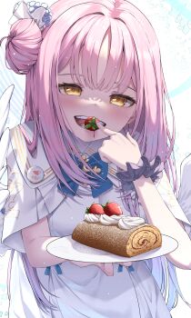 1girl absurdres blue_archive bow bowtie highres long_hair looking_at_viewer maeru mika_(blue_archive) mouth_hold pink_hair smile solo wings yellow_eyes