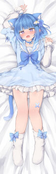 1girl absurdres ahoge animal_ears ankle_bow ankle_ribbon arm_up blue_bow blue_hair bow cat_ears cat_girl collarbone commentary_request dakimakura_(medium) full_body hair_ornament hand_up highres indie_virtual_youtuber knees kurageu_roa looking_at_viewer lying on_back on_bed plaid_bow purple_eyes ribbon ruschuto sailor_collar short_hair socks solo thighs virtual_youtuber white_sailor_collar white_socks