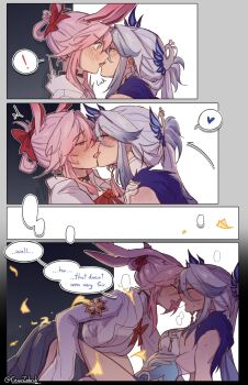 ! 2girls after_kiss animal_ears blush bow breasts cesar_zebrah commentary cropped_jacket dual_persona earrings english_commentary english_text evanescia_(honkai:_star_rail) falling_leaves floral_print fox_ears french_kiss from_side fur_trim hair_intakes heart heavy_breathing highres honkai:_star_rail honkai_(series) jewelry kiss leaf long_hair medium_breasts multiple_girls necklace pink_hair saliva saliva_trail sideboob single_earring speech_bubble spoken_exclamation_mark spoken_heart white_hair yao_guang_(honkai:_star_rail) yuri