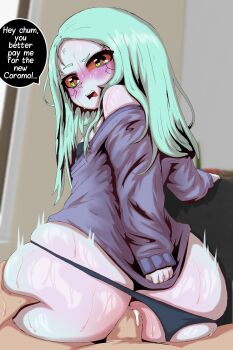 Rule 34 | 1boy, 1girl, anal, annoyed, anus, arm behind back, ass, ass shake, black bra, black panties, blue shirt, blush, bra, chasa1990, clothes grab, clothes pull, clothing aside, colored sclera, colored skin, confused, cowboy shot, curvy, cyberpunk: edgerunners, cyberpunk (series), cyborg, embarrassed, english text, flat chest, from behind, grabbing another's ass, green eyes, green hair, grey skin, groping, hair down, hetero, huge ass, indoors, long hair, long sleeves, looking at viewer, looking back, motion blur, nervous, panties, panties aside, penis, pov, pov crotch, pov hands, rebecca (cyberpunk), red sclera, sex, sex from behind, shirt, shirt pull, shortstack, sitting, sitting on person, sleeves past wrists, solo focus, speech bubble, straight hair, teeth, thong, uncensored, underwear, upper teeth only, wide hips