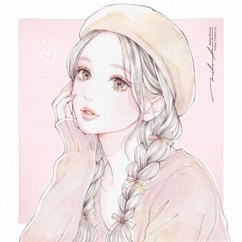 Rule 34 | 1girl, absurdres, artist name, beret, border, braid, brown eyes, commentary, english commentary, fashion, hat, highres, lips, long hair, long sleeves, looking at viewer, naho graphics, original, outside border, parted lips, pink background, signature, sleeves past wrists, solo, sweater, twin braids, upper body, white border