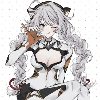 1girl ;p ahoge animal_ear_hairband animal_ears blue_eyes bodysuit braid breasts cat_ear_hairband cat_ears cleavage commentary_request covered_navel crowa3 fake_animal_ears hairband highres honkai_(series) honkai_impact_3rd kiana_kaslana kiana_kaslana_(white_comet) large_breasts licking_lips long_hair one_eye_closed polka_dot polka_dot_background simple_background solo tongue tongue_out twin_braids very_long_hair white_background white_bodysuit white_hair
