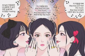 3girls black_bow black_hair blush bob_cut bow commentary earrings eunha_(gfriend) fingernails hair_bow jewelry long_fingernails long_hair looking_at_viewer lyrics makeup mascara multiple_girls musical_note profile ring sinb_(gfriend) smile sparkle speech_bubble umji_(gfriend) viviz yuringi