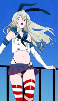1girl against_railing anchor_hair_ornament black_neckerchief black_panties blonde_hair blue_sailor_collar blue_skirt blue_sky crop_top elbow_gloves gloves gluteal_fold hair_between_eyes hair_ornament highleg highleg_panties kantai_collection long_hair looking_at_viewer microskirt midriff miniskirt navel neckerchief ojipon open_mouth panties pleated_skirt railing sailor_collar shimakaze_(kancolle) skirt sky solo striped_clothes striped_thighhighs thighhighs underwear white_gloves