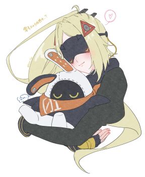 1girl 1other absurdres ahoge ashimi_fugo bangboo_(zenless_zone_zero) black_gloves blindfold_mask blonde_hair closed_mouth commentary_request eous_(zenless_zone_zero) fingerless_gloves gloves hair_intakes hair_ornament heart highres hug light_blush long_hair mask ponytail sleeping smile spoken_heart spoken_zzz triangle_hair_ornament trigger_(zenless_zone_zero) twitter_username upper_body white_background zenless_zone_zero zzz