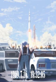 1girl absurdres apollo_11 belt black_belt blue_pants blue_sky camera car cloud contemporary crowd dated day frieren from_behind highres holding holding_camera long_hair midriff motor_vehicle multiple_others open_door outdoors pants rocket signature sky sousou_no_frieren takeoff twintails united_states user_kyxw3427 van white_hair