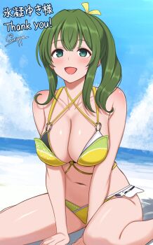 1girl :d aqua_eyes beach between_legs bikini blush breasts cleavage commission green_bikini green_hair hand_between_legs highres hiyori_(senran_kagura) large_breasts long_hair looking_at_viewer multicolored_bikini navel ocean official_alternate_costume open_mouth senran_kagura senran_kagura_new_link side_ponytail sitting skeb_commission smile solo surippa1010 swimsuit thank_you two-tone_bikini wariza yellow_bikini