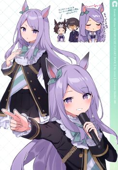 1boy 2girls :t absurdres animal_ears black_coat black_jacket black_skirt blazer bow bowtie brown_hair buttons closed_eyes closed_mouth coat ear_bow earrings green_bow green_bowtie green_necktie green_shirt grin highres holding holding_microphone horse_ears horse_girl jacket jewelry long_hair long_sleeves looking_at_viewer mejiro_mcqueen_(frontline_elegance)_(umamusume) mejiro_mcqueen_(umamusume) mejiro_ryan_(umamusume) microphone mishima_kurone multicolored_hair multiple_girls multiple_views necktie o_o open_mouth outstretched_arm pleated_skirt pout puffy_short_sleeves puffy_sleeves purple_bow purple_bowtie purple_eyes purple_shirt sailor_collar school_uniform shirt short_hair short_sleeves single_earring skirt smile t-head_trainer_(umamusume) third-party_source tracen_school_uniform trainer_(umamusume) translation_request two-tone_hair umamusume white_hair white_sailor_collar white_shirt white_skirt