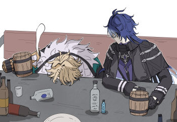 Rule 34 | absurdres, ahoge, black gloves, blonde hair, blue hair, bottle, chuilan81, commentary, cup, faceless, flins (genshin impact), fur trim, genshin impact, gloves, head on table, highres, holding, holding cup, long sleeves, looking at another, sitting, symbol-only commentary, table, varka (genshin impact)