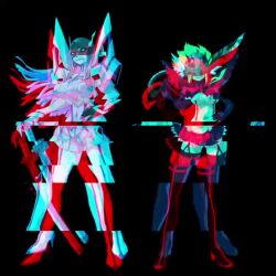 2girls angel angel_girl angewomon animated cosplay demon_girl digimon digimon_(creature) fallen_angel gerusyu head_wings junketsu kill_la_kill kiryuuin_satsuki kiryuuin_satsuki_(cosplay) ladydevimon long_hair mask matoi_ryuuko matoi_ryuuko_(cosplay) multiple_girls pose_imitation scissors senketsu sound sword video weapon wings