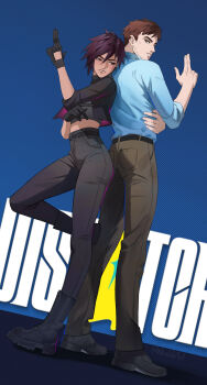 1boy 1girl absurdres back-to-back black_gloves black_hair black_jacket black_pants black_shoes blue_background blue_shirt brown_eyes brown_hair commentary copyright_name dispatch english_commentary face_piercing facial_hair fingernails gloves grin height_difference highres invisigal_(dispatch) jacket lips looking_at_viewer midriff niahti nose_piercing pants parted_lips piercing pink_lips pocket robert_robertson shirt shoes short_hair sleeves_rolled_up smile twitter_username
