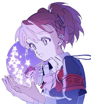 1girl armband black_jacket bow bowtie brown_hair collared_shirt digital_media_player earphones_removed gekkoukan_high_school_uniform hair_ornament hairclip high_ponytail high_up highres jacket long_sleeves open_hands open_mouth paitan1007 persona persona_3 persona_3_portable ponytail red_armband red_bow red_bowtie s.e.e.s school_uniform shiomi_kotone shirt solo star_(symbol) upper_body white_background white_shirt