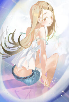 1girl absurdres ass blush butt_crack camisole denim denim_shorts gakuen_idolmaster grey_hair highres idolmaster long_hair looking_at_viewer orange_eyes shinosawa_hiro short_shorts shorts sitting smile solo strap_slip superhoikoro white_camisole