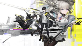 Rule 34 | 1boy, 2girls, animal ears, arknights, arknights: endfield, bird ears, bird girl, black coat, black hair, black pants, black pantyhose, black shoes, blue eyes, closed mouth, coat, dress, endministrator (arknights), female endministrator (arknights), gloves, grey hair, highres, jacket, looking at viewer, male endministrator (arknights), multiple girls, official art, open clothes, open coat, open jacket, pants, pantyhose, perlica (arknights), quilted jacket, second-party source, shoes, sweater, white dress, white sweater, yellow pupils, yi yuansu san gong