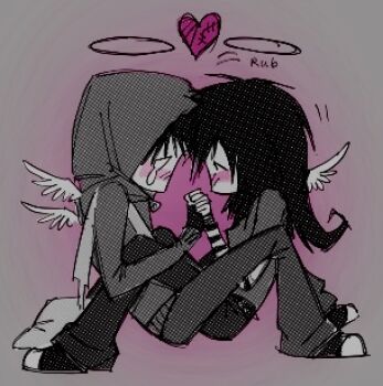 1boy 1girl black_gloves black_hair blush cry_of_fear feathered_wings fingerless_gloves forehead-to-forehead full_body gloves grey_hoodie halo heads_together heart hetero holding_hands hood hood_up hoodie legs_together long_hair lowres mini_wings simon_henriksson sitting sophie_(cry_of_fear) tac_nyanx3 teardrop white_wings wings