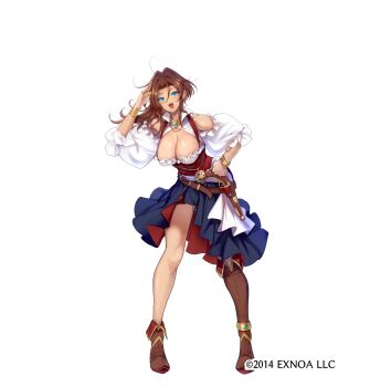 1girl asymmetrical_footwear belt black_skirt blue_eyes boots bracelet breasts brown_belt brown_boots brown_hair character_request cleavage cleavage_cutout clothing_cutout commentary_request copyright_notice copyright_request earrings fang gold_bracelet gold_necklace gold_ring hair_between_eyes highres jewelry large_breasts long_hair necklace pirate shoulder_cutout skirt solo white_background z-ton