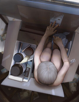 1girl absurdres barefoot blonde_hair box commentary feet from_above highres in_box in_container mikasamu money nude open_box original short_hair solo toes