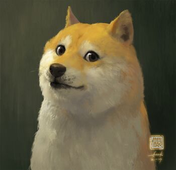 animal animal_ears animal_focus body_fur brown_eyes closed_mouth commentary dated dog doge english_commentary green_background highres kabosu_(dog) kan_liu_(666k) looking_at_viewer no_humans portrait real_life realistic revision shiba_inu signature simple_background smile solo upper_body watermark whiskers