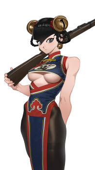 1girl absurdres bare_shoulders black_hair black_pantyhose breasts china_dress chinese_clothes clothing_cutout double_bun dress grey_eyes hair_bun highres hip_bones holding holding_weapon lin_lin_(one-punch_man) medium_breasts original pantyhose pzkpfwi short_hair underboob weapon white_background