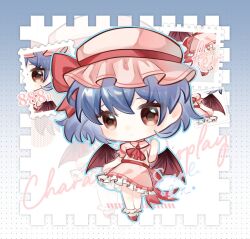Rule 34 | 1girl, artist name, ascot, bat wings, blue hair, chibi, closed mouth, commentary request, dress, frilled dress, frills, full body, hat, hat ribbon, highres, looking at viewer, mob cap, pink dress, pink hat, postage stamp, red ascot, red eyes, remilia scarlet, ribbon, sample watermark, short hair, solo, touhou, watermark, wings, xingguang115