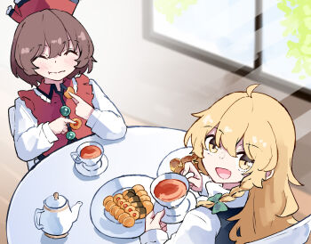 Rule 34 | 2girls, black vest, blonde hair, blush, bow, braid, brown hair, chair, checkerboard cookie, closed eyes, closed mouth, commentary request, commission, cookie, cup, deetamu, eating, food, food request, green bow, hair bow, happy, hat, highres, holding, holding cup, holding food, kirisame marisa, long hair, long sleeves, lyrica prismriver, multiple girls, no headwear, on chair, open mouth, plate, red hat, red vest, side braid, single braid, sitting, skeb commission, smile, table, teacup, teapot, touhou, vest, yellow eyes