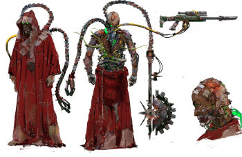 1boy adeptus_mechanicus back_splitting_open commentary concept_art cyborg damaged deep_wound english_commentary extra_arms full_body glowing glowing_eyes green_eyes gun guro highres holding holding_gun holding_staff holding_weapon hood injury male_focus mechanical_arms multiple_views patchwork_clothes phoebe_herring red_hood red_robe robe slime_(substance) staff tan techpriest tendril tendrils_from_back tentacles tube warhammer_40k weapon