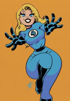 1girl absurdres ben-day_dots black_boots black_gloves blonde_hair blue_bodysuit bodysuit boots breasts dan_decarlo_(style) fantastic_four gloves highres long_hair looking_at_viewer marvel medium_breasts orange_background retro_artstyle screentones sgtmadness signature solo sue_storm