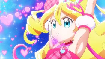 armpits arms_up blonde_hair bow cure_idol detached_sleeves dress earpiece highres idol kimi_to_idol_precure magical_girl official_art pink_bow pink_dress precure sakura_uta_(precure)