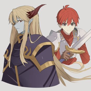 Rule 34 | 2boys, adol christin, ancient ys vanished, armor, blonde hair, blue skin, brown gloves, closed mouth, colored skin, commentary request, dark fact, george man, gloves, grey background, grey eyes, highres, holding, holding sword, holding weapon, horns, long hair, male focus, multiple boys, pauldrons, pointy ears, red eyes, red hair, short hair, shoulder armor, simple background, sword, upper body, weapon, ys