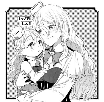 2girls aged_down baby blush braid breasts carrying carrying_baby carrying_person detached_sleeves french_braid greyscale hair_between_eyes hat holding kantai_collection level_difference long_hair long_sleeves mini_hat monochrome multiple_girls parted_lips pola_(kancolle) simple_background smile tanaka_io_(craftstudio) upper_body wavy_hair zara_(kancolle)