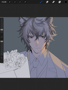 Rule 34 | 1boy, animal ear fluff, animal ears, arknights, art program in frame, bishounen, black hair, bouquet, closed mouth, collared shirt, commentary request, earrings, flower, formal clothes, grey background, grey eyes, grey hair, grey necktie, hair between eyes, highres, holding, holding bouquet, jacket, jewelry, looking at viewer, male focus, necktie, procreate (software), rose, shikiri, shirt, short hair, silverash (arknights), simple background, single earring, snow leopard boy, snow leopard ears, solo, suit, unfinished, upper body, user interface, white flower, white jacket, white necktie, white rose, white shirt, white suit