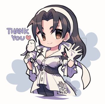 1girl bird black_hair breasts brown_eyes cleavage closed_mouth collarbone commentary_request cropped_legs dress eyelashes gloves hairband highres kazama_jun kotorai long_hair looking_at_viewer signature solo tekken tekken_8 thank_you white_bird white_dress white_gloves white_hairband