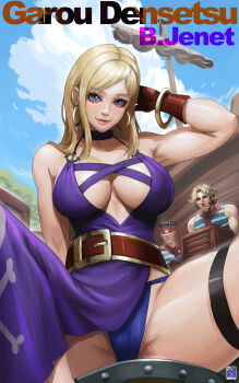 Rule 34 | 1girl, arm behind back, arm behind head, arm support, armpits, artist name, blonde hair, blue eyes, blue panties, bracelet, breasts, cameltoe, choker, cleavage, dress, earrings, fatal fury, garou: mark of the wolves, highres, hoop earrings, b. jenet, jewelry, large breasts, legs, long hair, looking at viewer, panties, pink lips, sitting, smile, snk, solo, spread legs, swwhenry, the king of fighters, thigh strap, thighs, thong, underwear