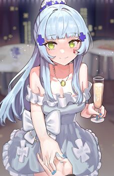 1girl absurdres alternate_costume blue_hair blue_nails blurry blurry_background breasts champagne_flute cleavage closed_mouth commentary_request cross_hair_ornament cup dress drinking_glass facial_mark girls'_frontline girls'_frontline_2:_exilium green_eyes hair_ornament highres hk416_(girls'_frontline) holding holding_cup jewelry klukai_(girls'_frontline_2) long_hair necklace ponytail pov pov_hands smile solo solokitsune tattoo teardrop_facial_mark teardrop_tattoo white_dress