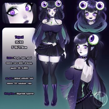 1girl artist_self-insert bare_shoulders black_choker black_skirt black_thighhighs boots braid breasts character_profile choker closed_mouth colored_inner_hair colored_skin commentary constricted_pupils english_commentary eyeball_hair_ornament gradient_background grey_skin height highres jewelry knee_boots large_breasts long_hair long_sleeves looking_at_viewer miniskirt multicolored_hair multiple_views necklace nose open_mouth original pointy_ears purple_boots purple_shirt ringed_eyes shirt skirt smile spiked_choker spikes teyoid thighhighs twin_braids two_side_up